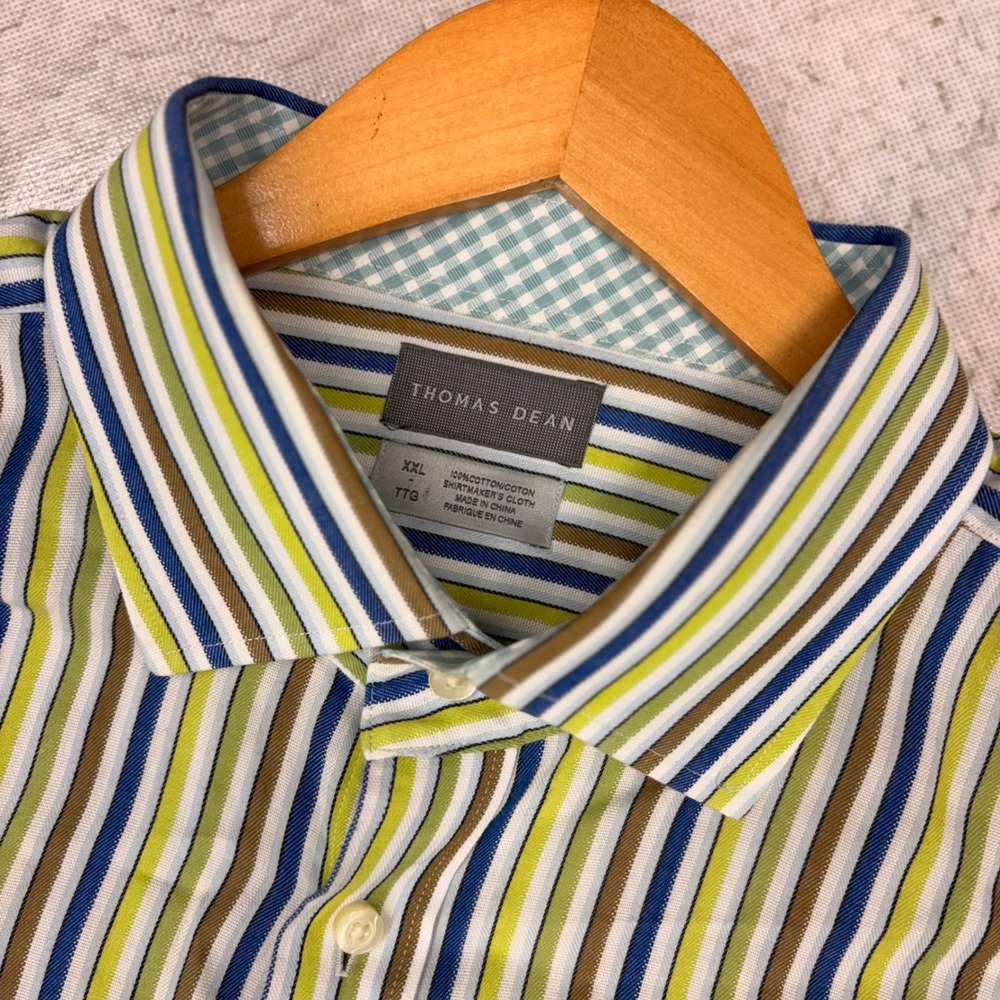 Thomas Dean Mens XXL Striped Button Down Shirt Cotton Blue Green Multi LS